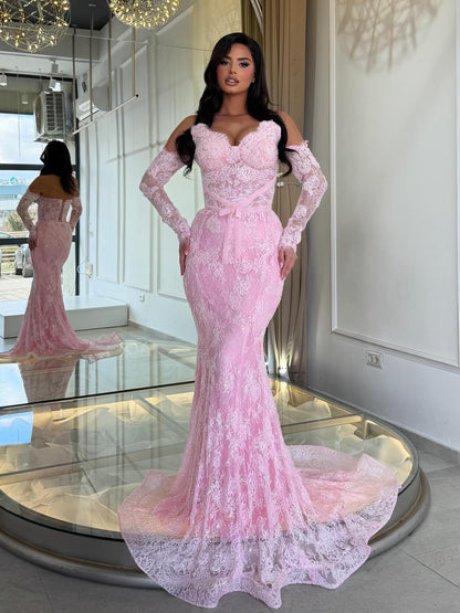 Off-the-Shoulder Lace Mermaid Gown with Corset Back