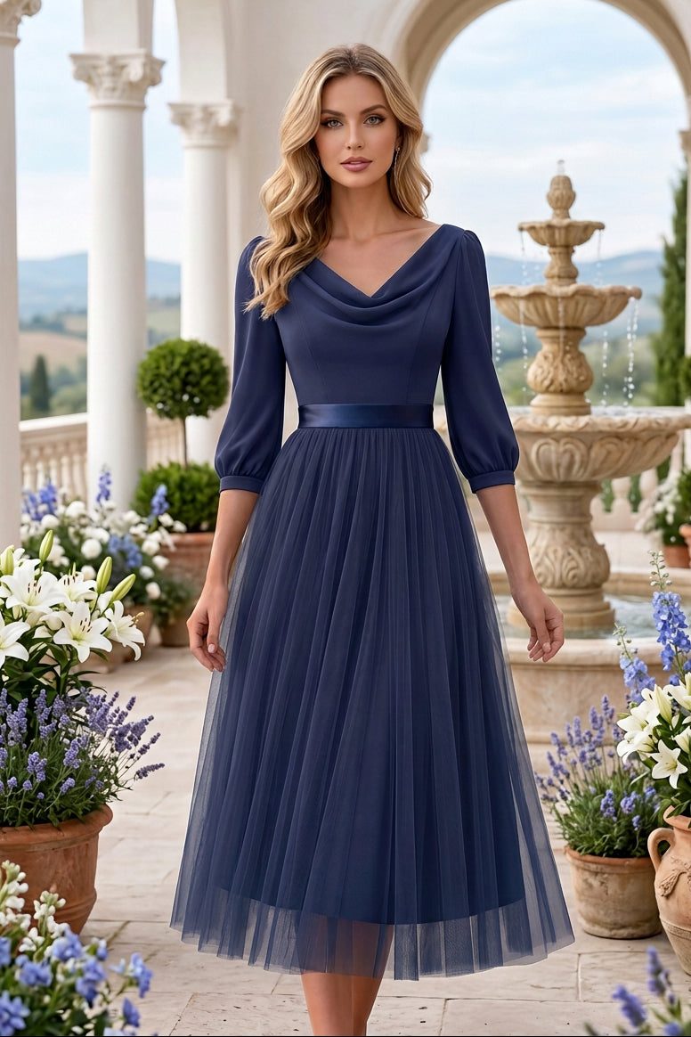 Cowl Neck Tulle Midi Dress with 3/4 Sleeves