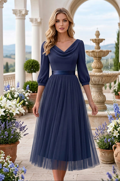 Cowl Neck Tulle Midi Dress with 3/4 Sleeves