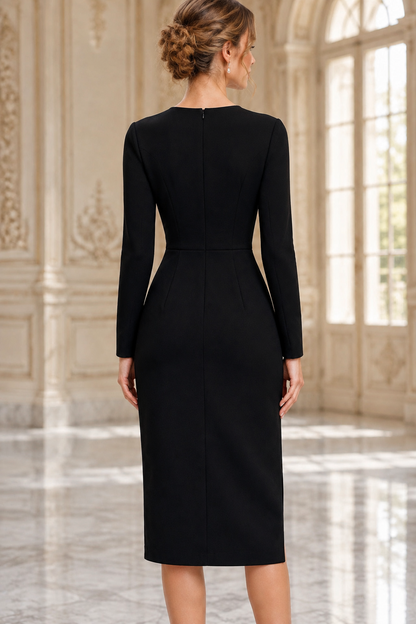 Long Sleeve Sheath Midi Dress with Illusion Neck