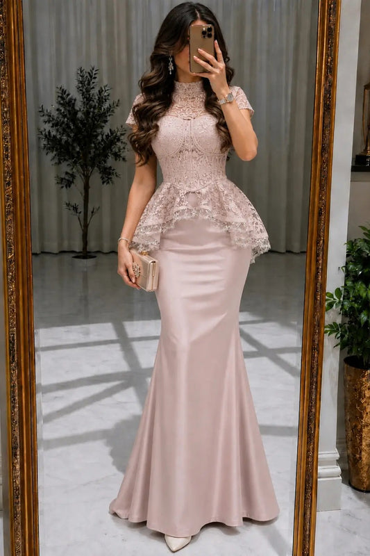 Lace Corset Peplum Mermaid Evening Gown