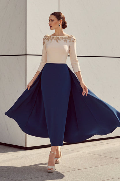 Bateau Neck 3/4 Sleeve Evening Dress with Overskirt