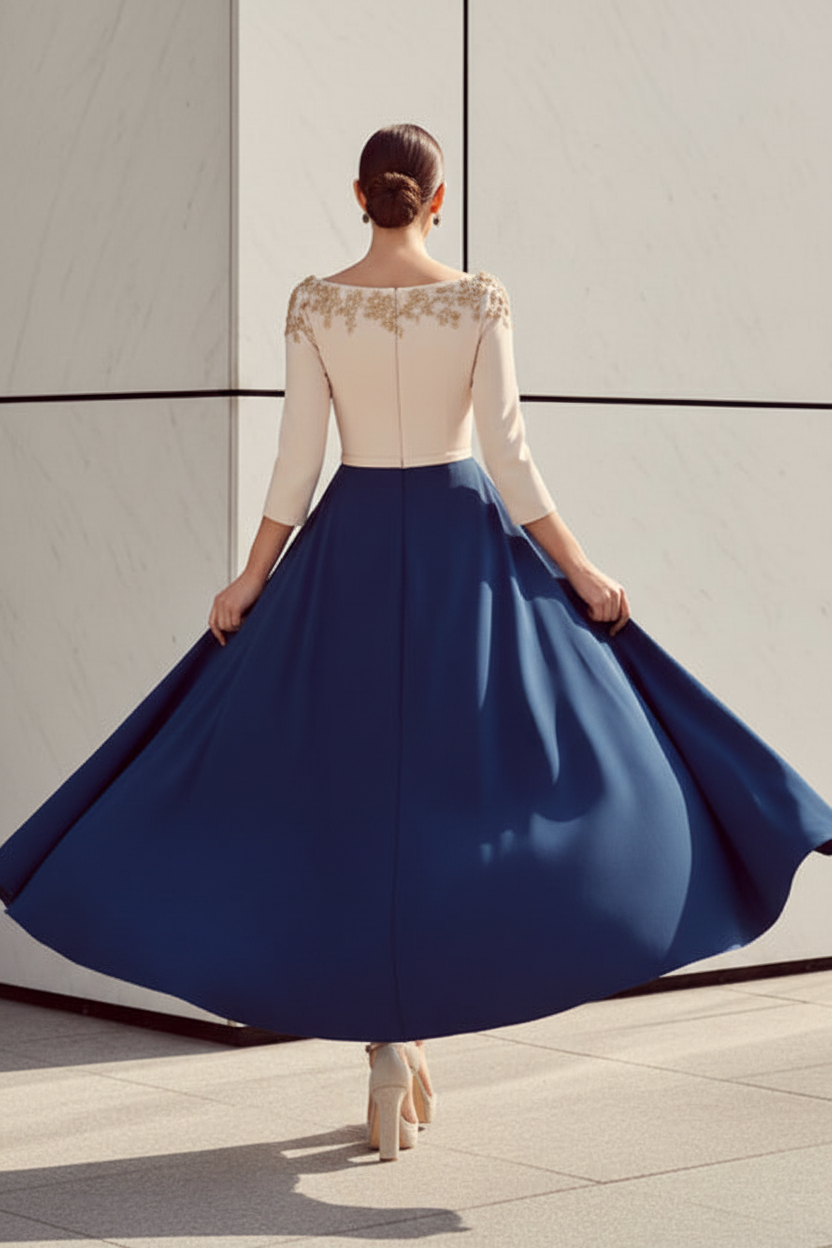 Bateau Neck 3/4 Sleeve Evening Dress with Overskirt