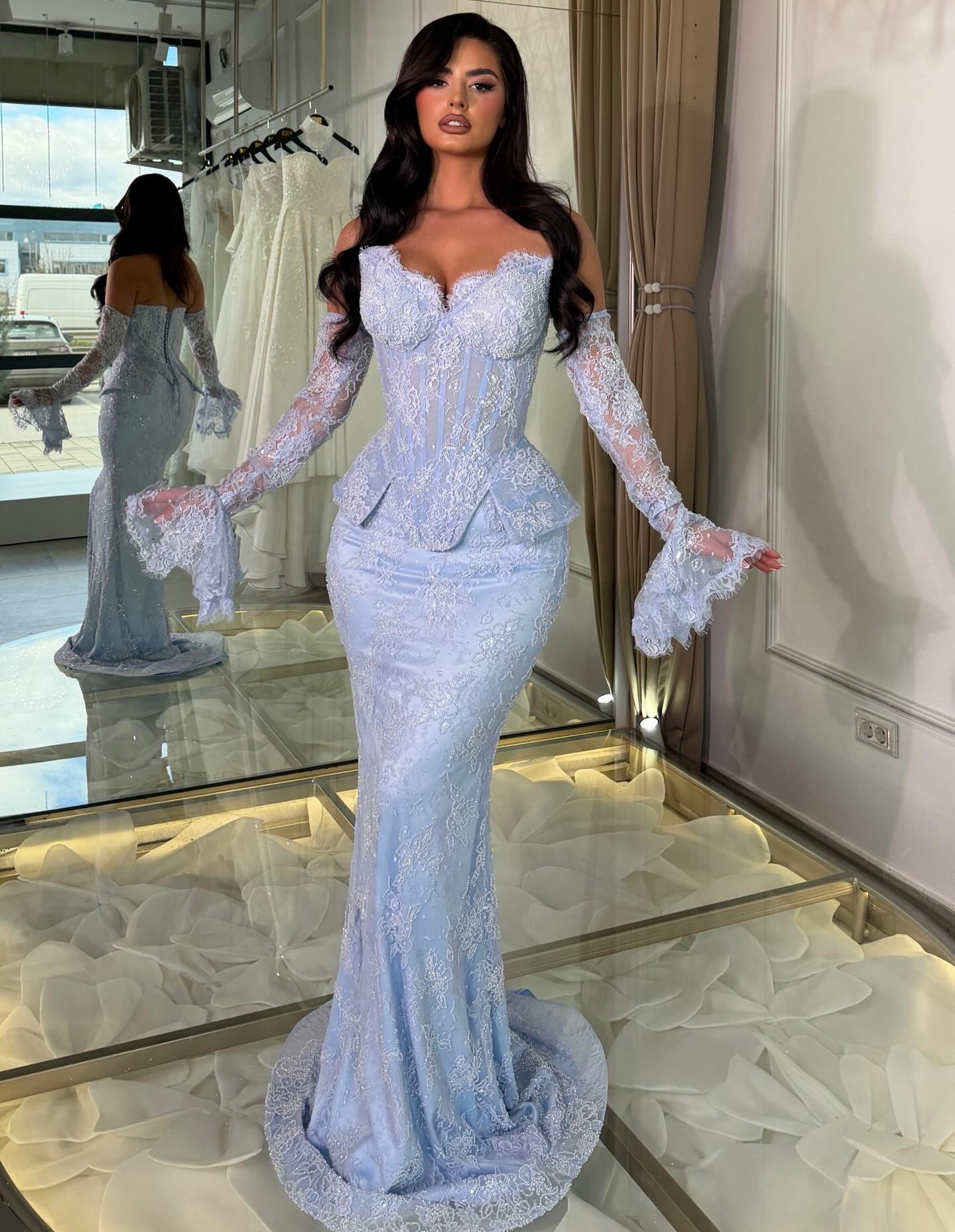 Off-Shoulder Corset Lace Mermaid Gown with Bell Sleeves