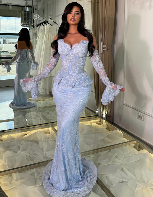 Off-Shoulder Corset Lace Mermaid Gown with Bell Sleeves