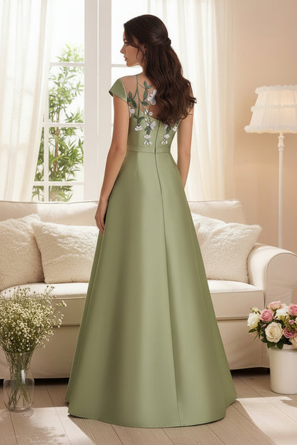Illusion Neckline Satin Gown with 3D Floral Appliques