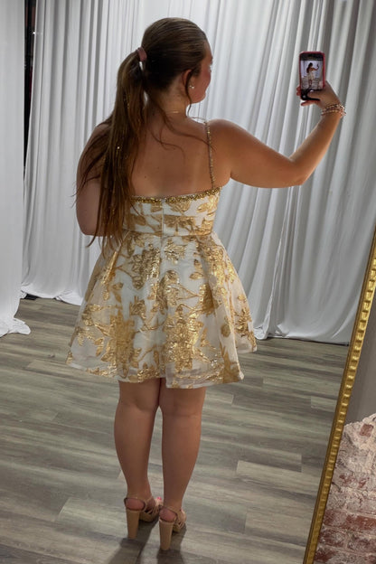 Floral Jacquard A-Line Mini Dress with Beaded Straps