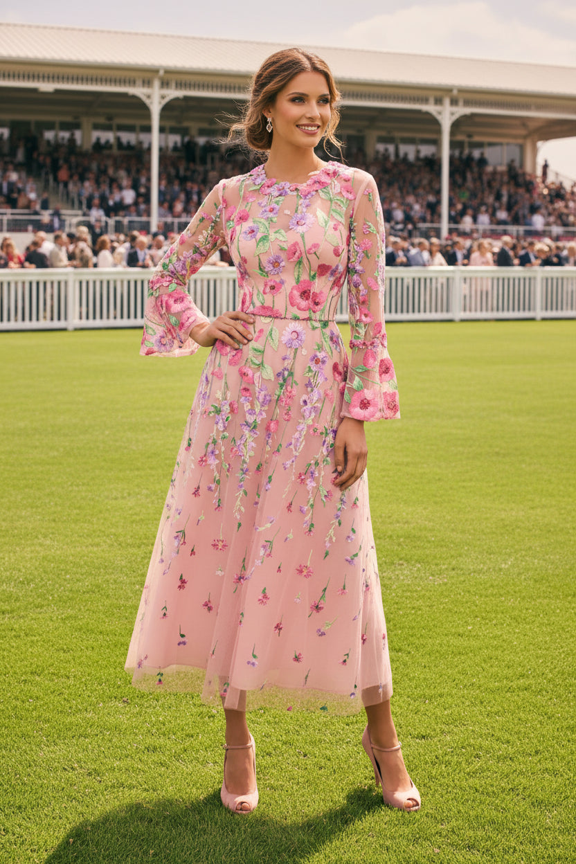 Embroidered Floral A-Line Midi Dress with Bell Sleeves