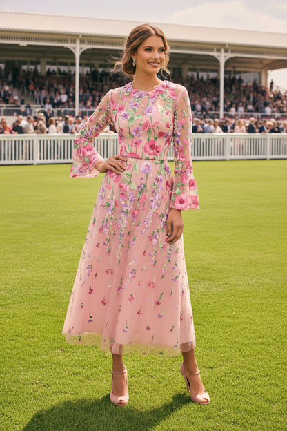 Embroidered Floral A-Line Midi Dress with Bell Sleeves