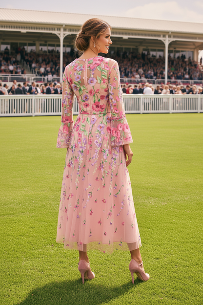 Embroidered Floral A-Line Midi Dress with Bell Sleeves