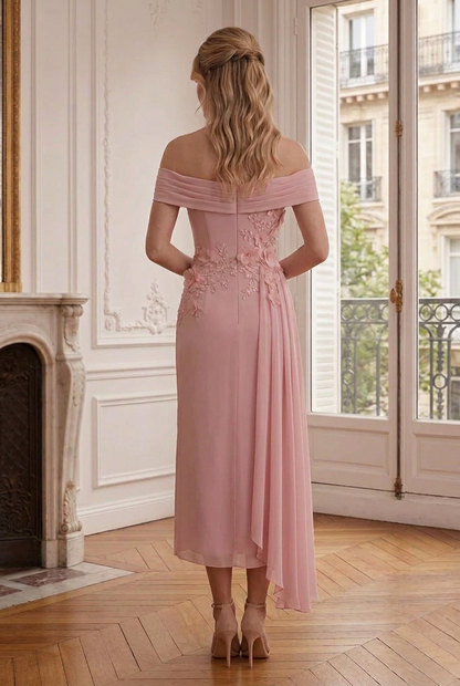 Off-Shoulder Floral Appliqué Midi Dress