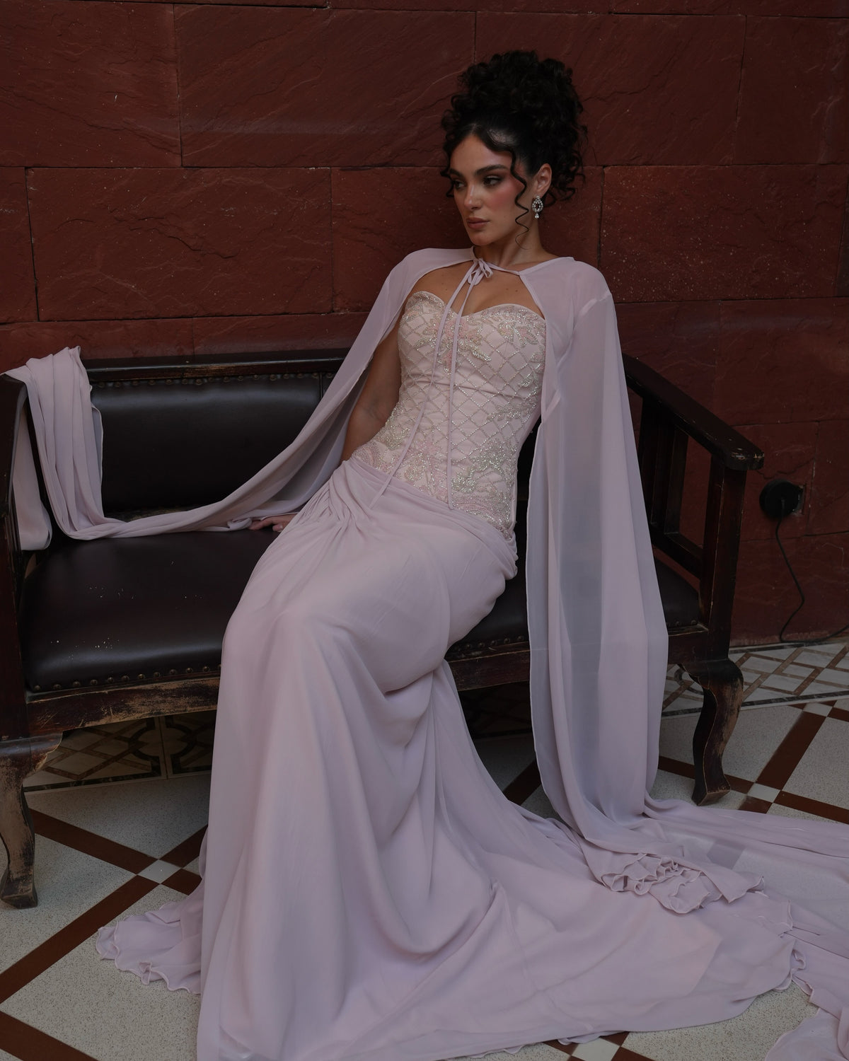 Beaded Corset Evening Gown with Matching Cape