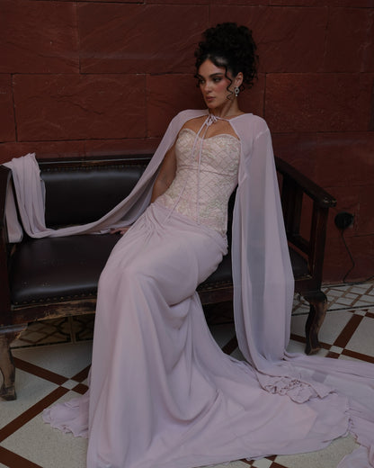 Beaded Corset Evening Gown with Matching Cape