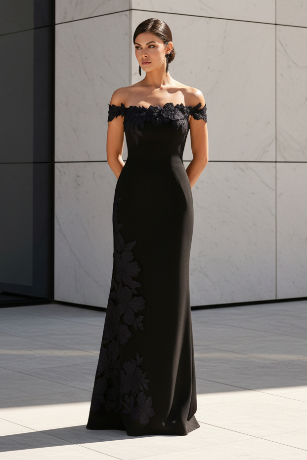 Off-Shoulder Floral Applique Mermaid Gown