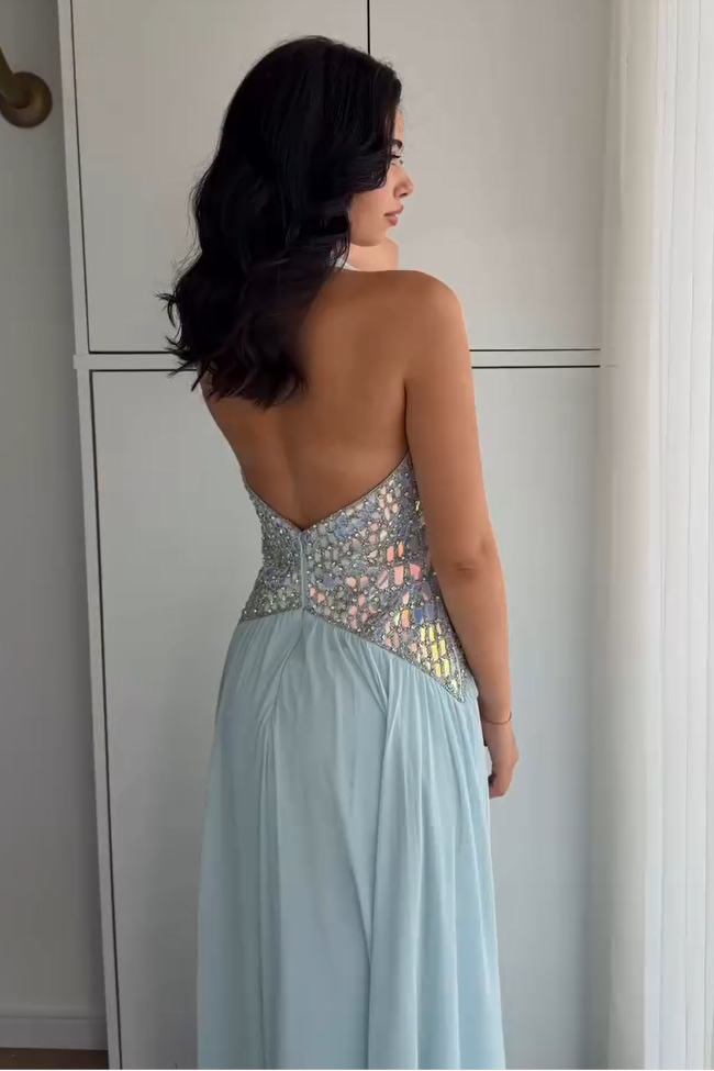 Halter Pleated Chiffon Evening Gown with Crystal Waist