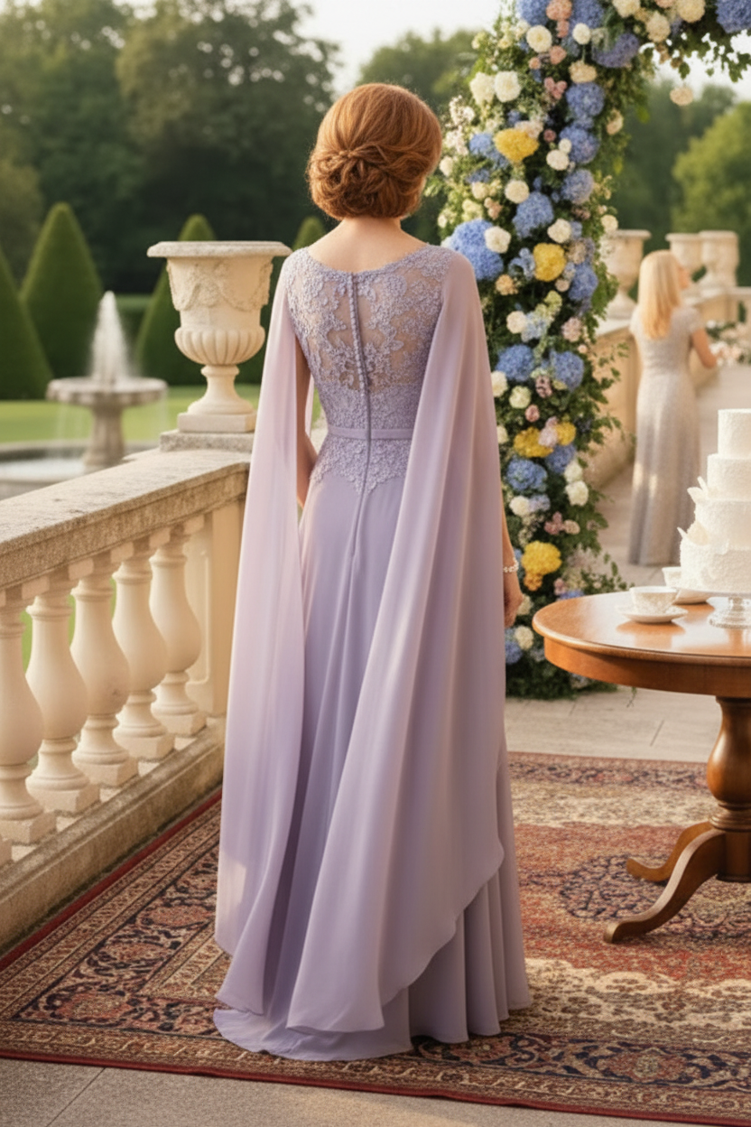 Cape Sleeve Illusion Neckline A-Line Evening Gown