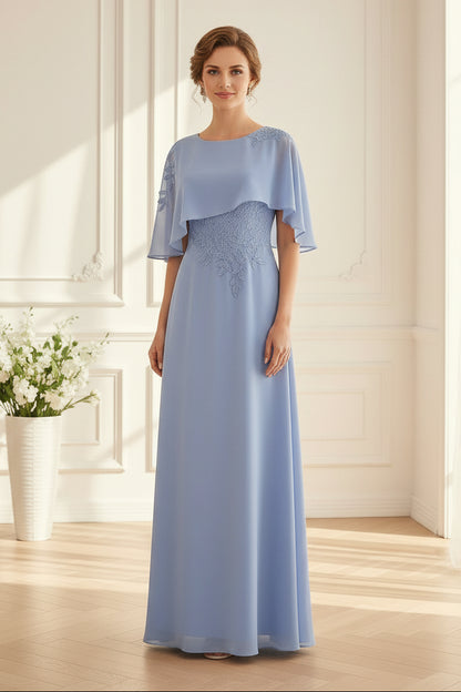 A-Line Chiffon Cape Dress with Floral Embroidery