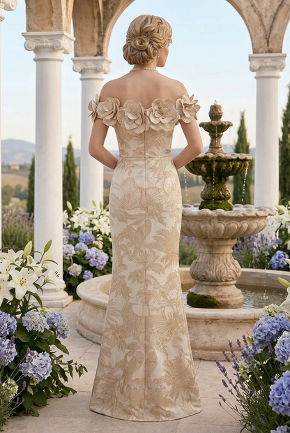 Off-the-Shoulder Floral Appliqué Jacquard Gown