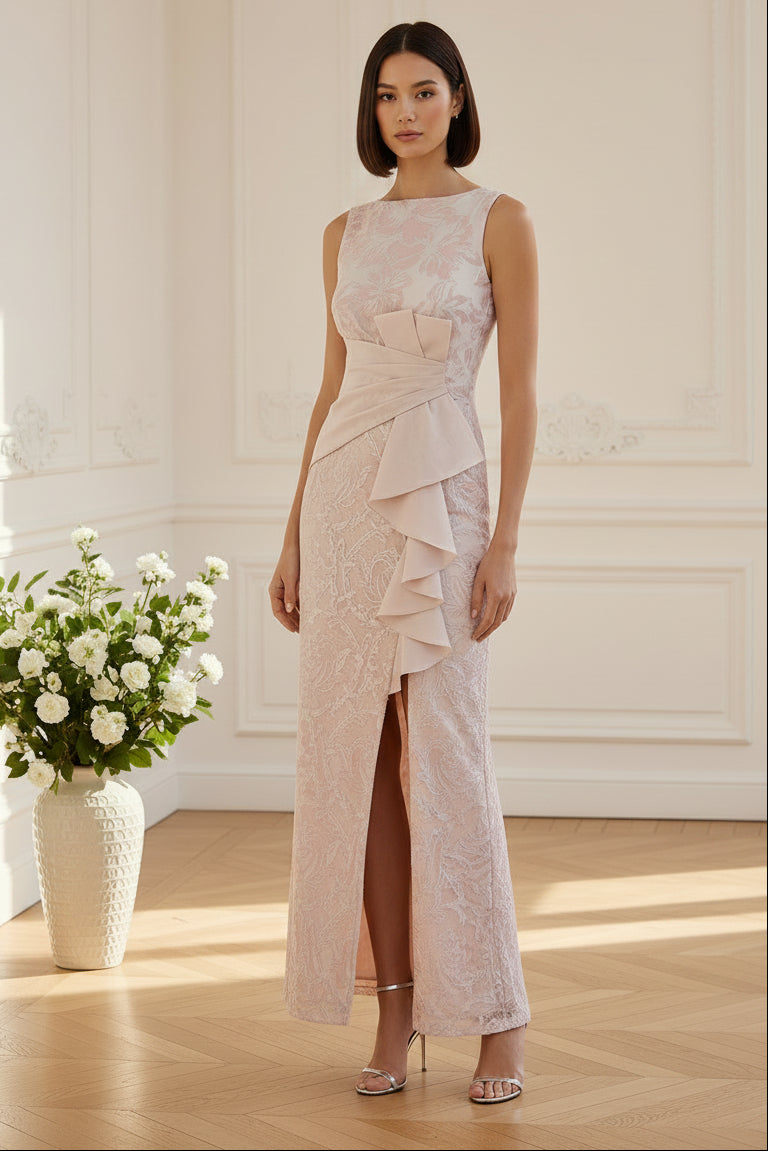 Lace Sheath Gown with Ruffle Sash & High Slit