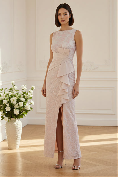 Lace Sheath Gown with Ruffle Sash & High Slit