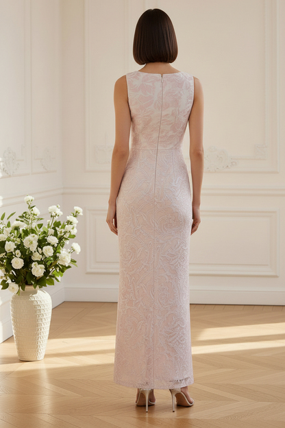 Lace Sheath Gown with Ruffle Sash & High Slit