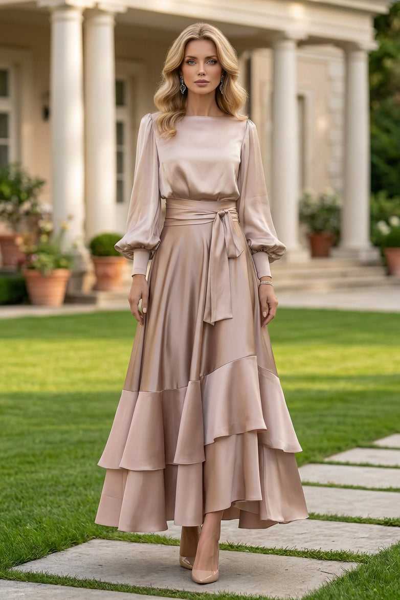 Tiered Satin Maxi Dress with Bishop Sleeves
