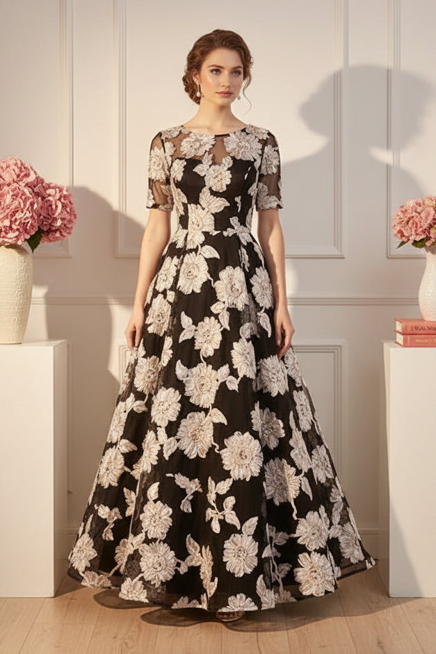 Elegant Illusion Floral Lace Tea-Length Dress