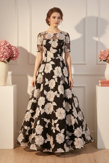 Elegant Illusion Floral Lace Tea-Length Dress