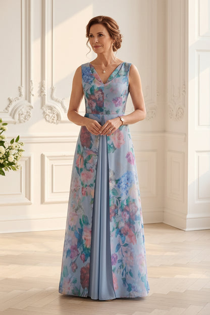 Floral Print V-Neck A-Line Gown