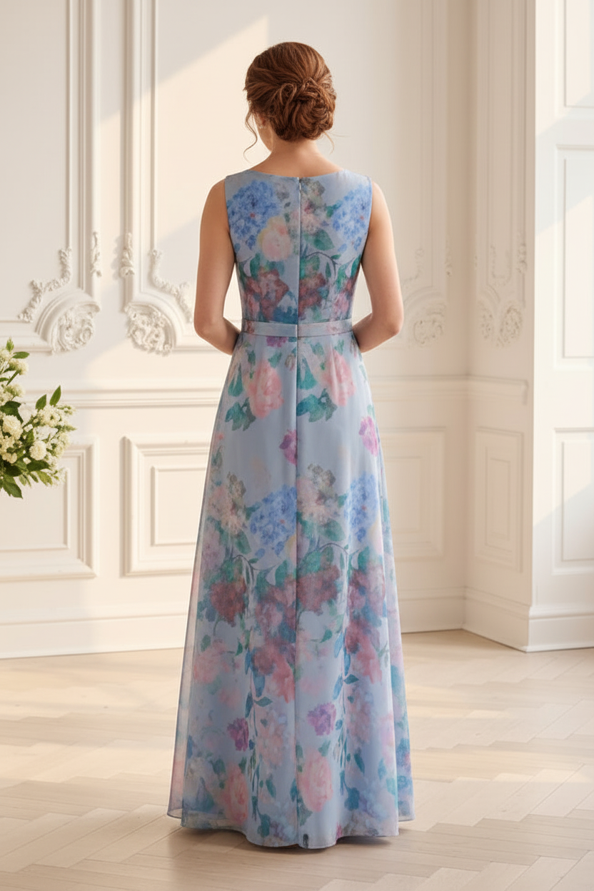 Floral Print V-Neck A-Line Gown