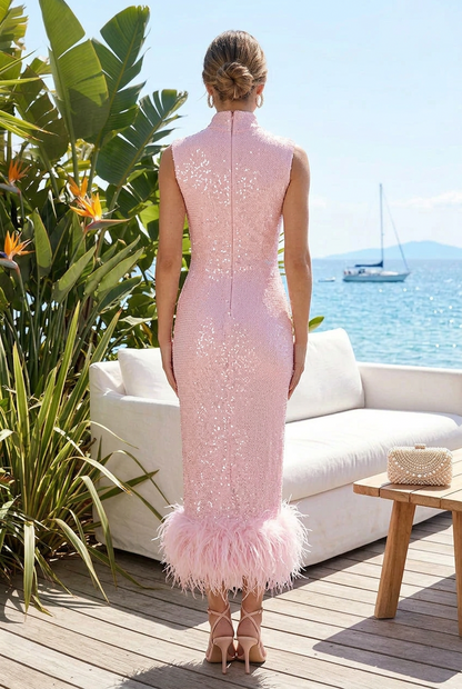 Sequined High-Neck Midi Dress with Feather Hem