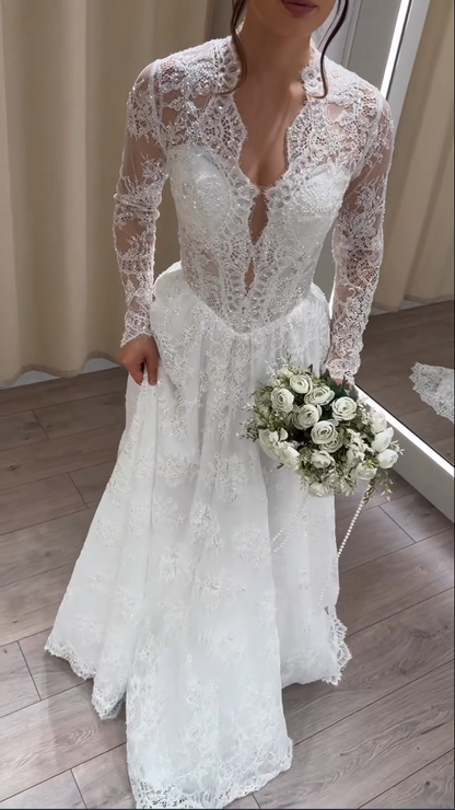 Lace High-Neck Wedding Dress with Long Sleeves