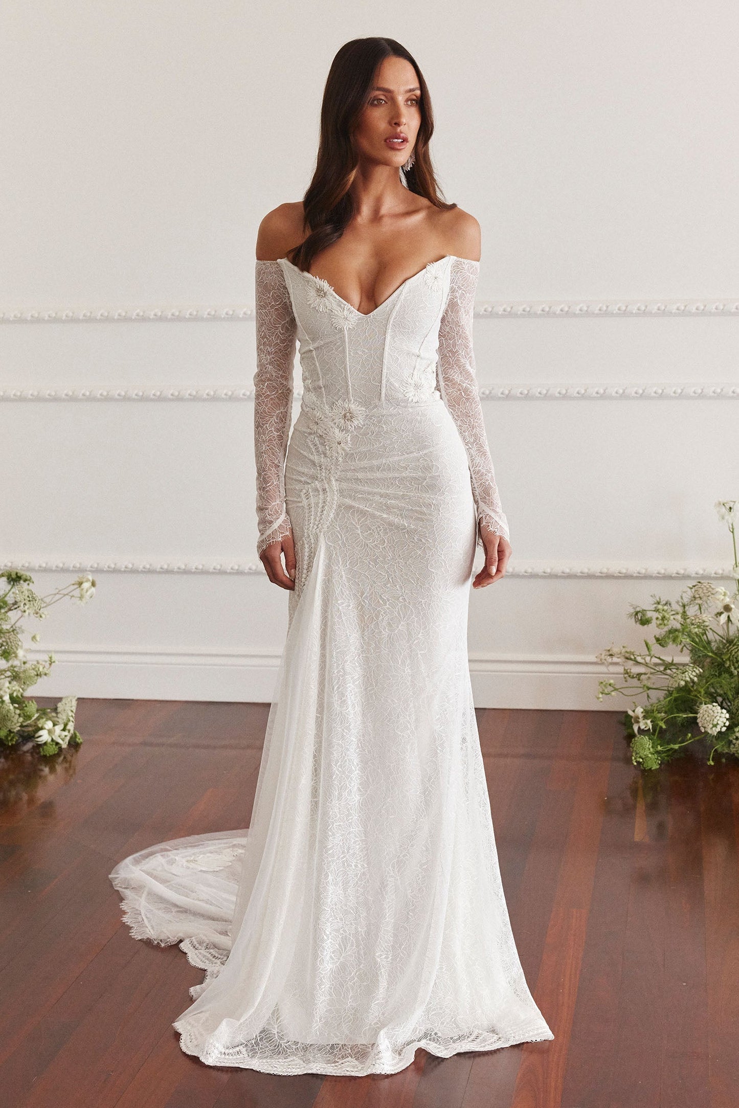 Off-the-Shoulder Long Sleeve Lace Wedding Dress