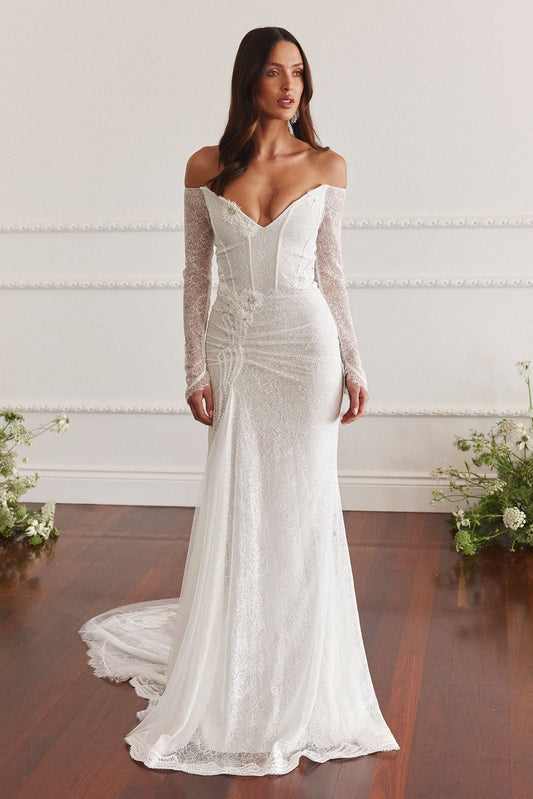 Off-the-Shoulder Long Sleeve Lace Wedding Dress