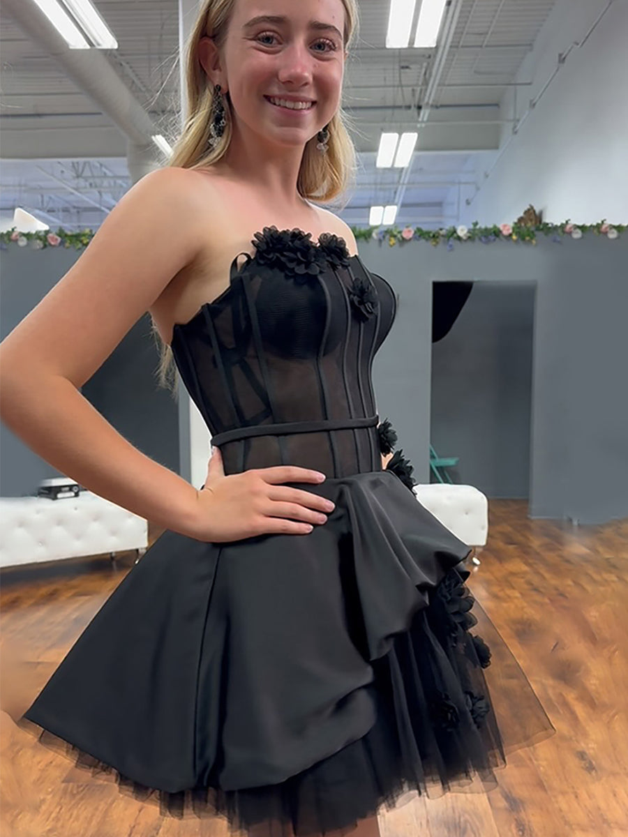 Strapless Corset Mini Dress with 3D Flowers
