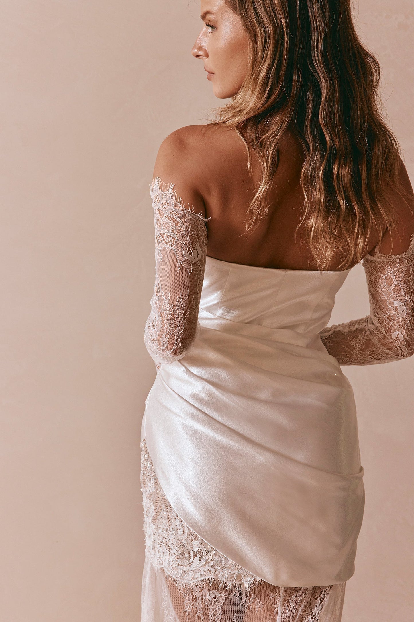 Asymmetrical Strapless Satin and Lace Bridal Mini Dress