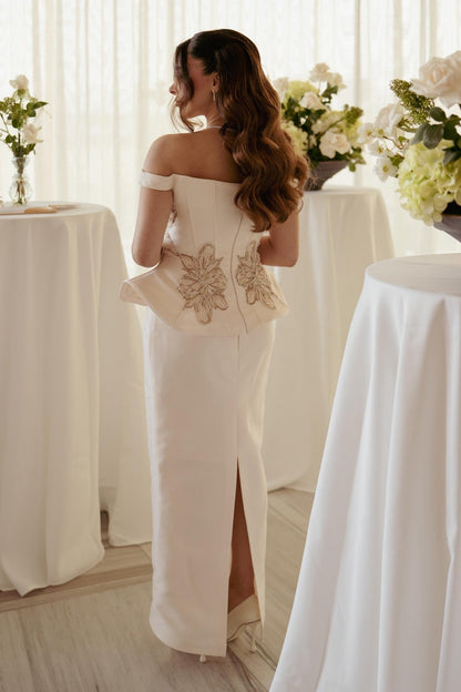 Off-the-Shoulder Peplum Corset Column Dress