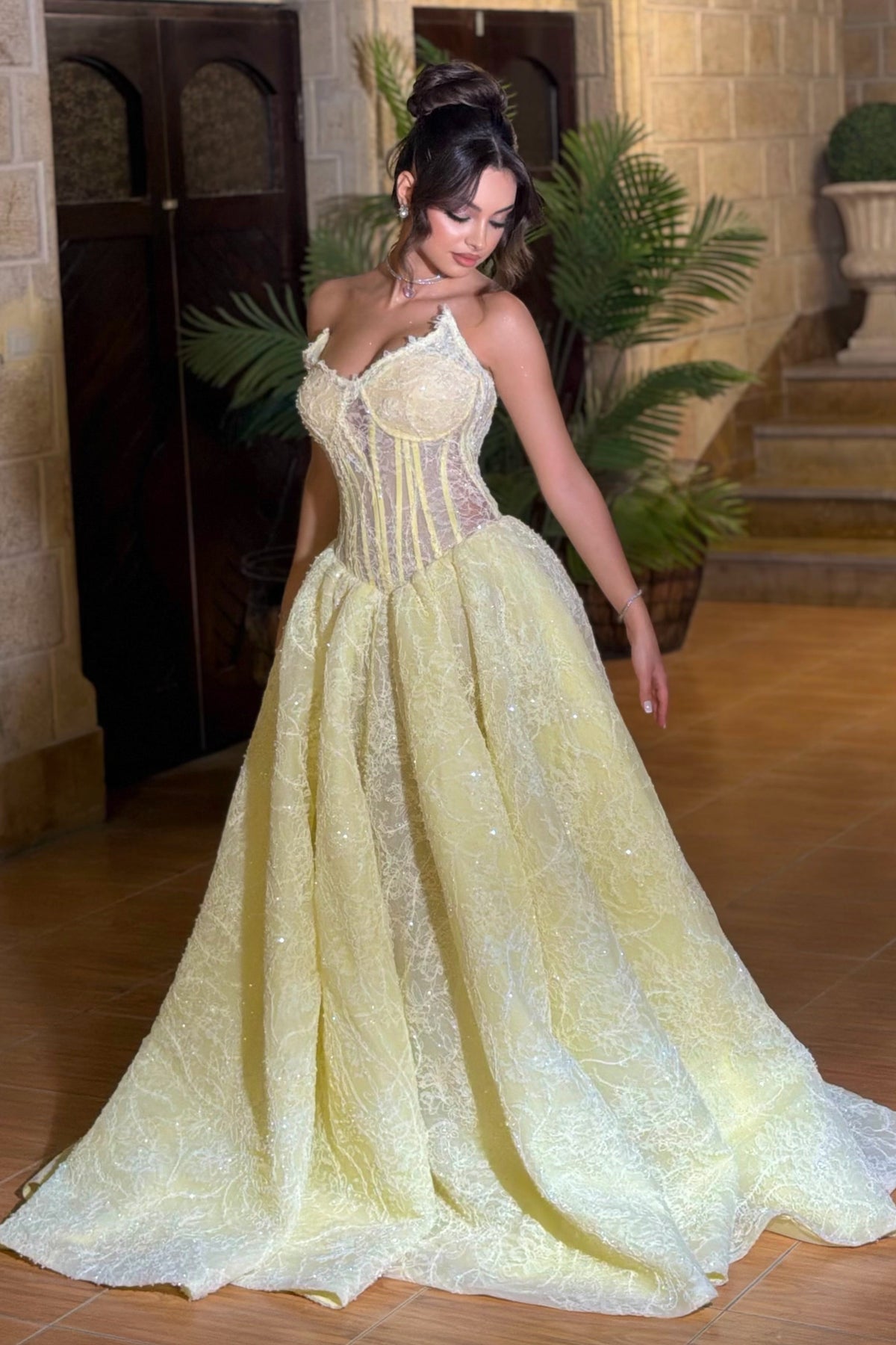 Glitter Lace Corset Ball Gown with Spaghetti Straps