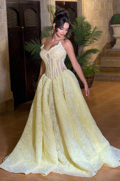 Glitter Lace Corset Ball Gown with Spaghetti Straps