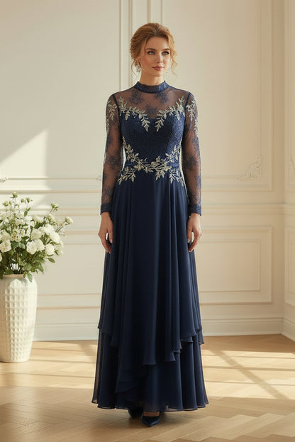 Illusion High Neck Lace and Chiffon A-Line Gown