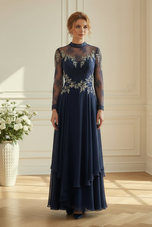 Illusion High Neck Lace and Chiffon A-Line Gown