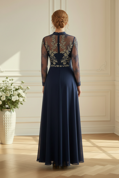 Illusion High Neck Lace and Chiffon A-Line Gown