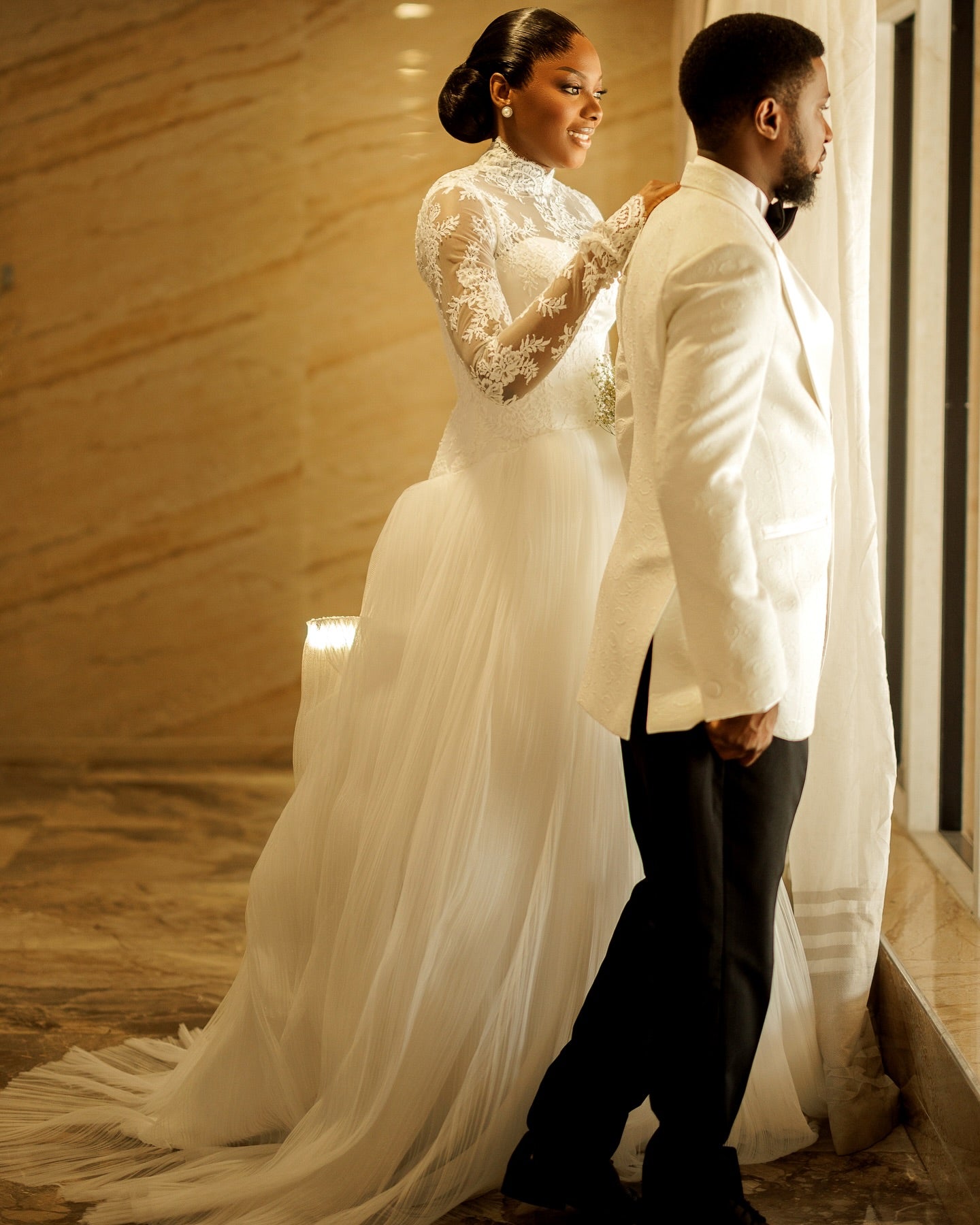 High Neck Lace Long Sleeve Ball Gown Wedding Dress