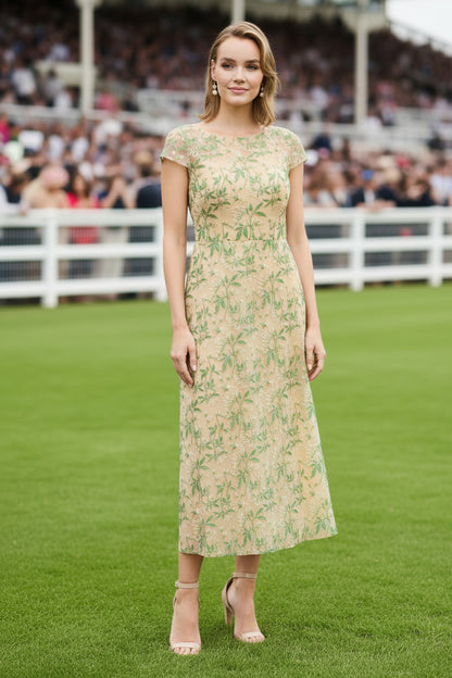 Embroidered Illusion Cap Sleeve Midi Dress