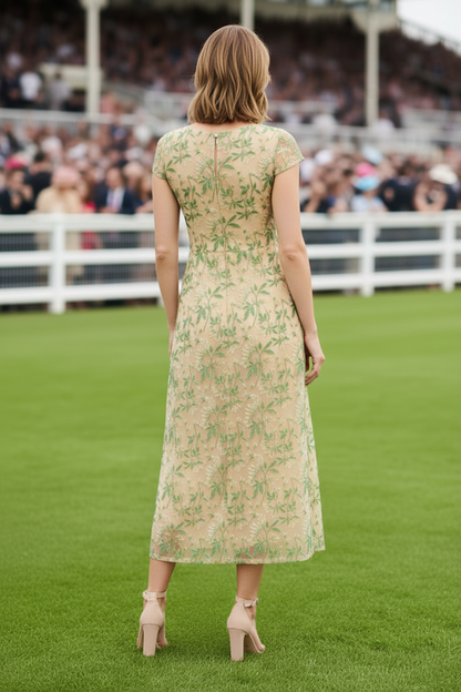 Embroidered Illusion Cap Sleeve Midi Dress