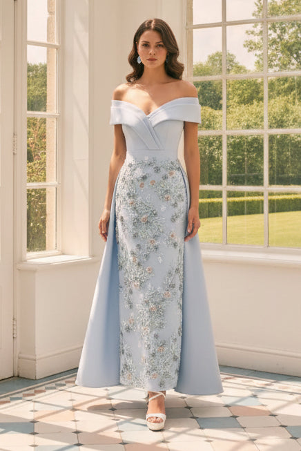 Off Shoulder Beaded Floral Embroidered Formal Gown