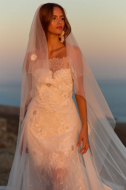 Lace Spaghetti Strap Wedding Dress with 3D Flowers