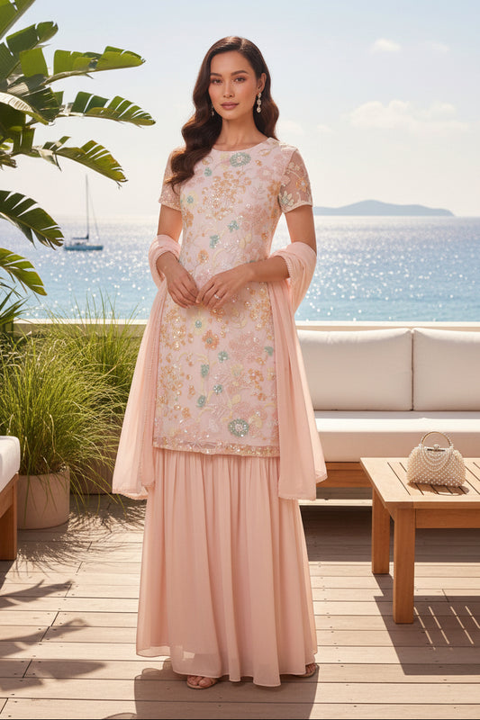 Floral Embroidered Kurta Set with Sharara & Dupatta