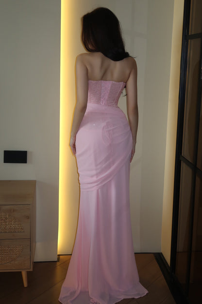 Ruched Chiffon Halter Gown with Corset Bodice