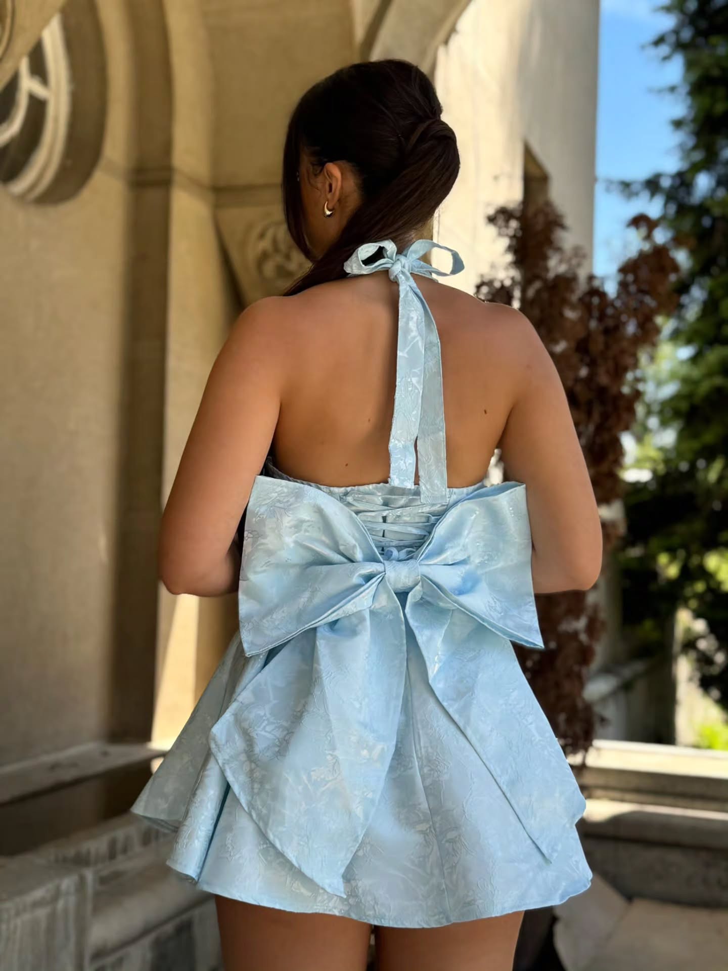 Floral Jacquard Halter Mini Dress with Back Bow